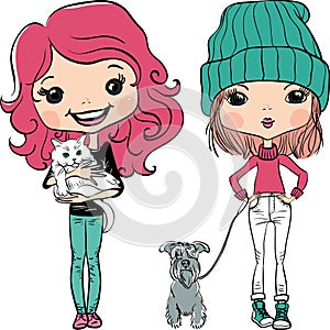 Vector hipster fashion cute girl wit pets