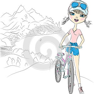 Vector hipster girl tourist with bicycle