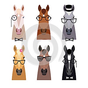 Vector hipster horse head in glasses ,bow. Flat cartoon style