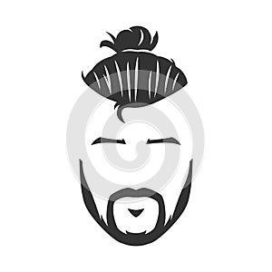 Vector hipster man bearded face with bun black and white