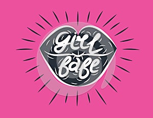 Vector hipster style poster of lips with `Girl babe` lettering and logo design elements