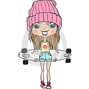 Vector hipsterl fashion cute girl with skateboard