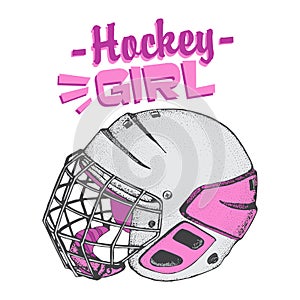Vector hockey girl lettering. Isolated pink hockey helmet with mask for woman on white background. Ice hockey sports