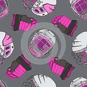 Vector hockey girl seamless pattern. Pink hockey helmet with mask and gloves for woman on grey background. Ice hockey