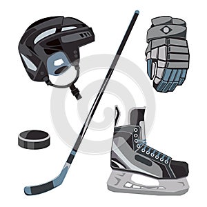 Vector hockey icons set in flat style. Ice equipment collection, puck, stick etc. Sport gear images for clubs etc.