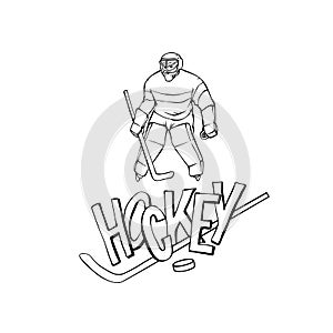 Vector hockey player goalkeeper in sports uniform. Black white outline illustration vintage sportsman and inscription