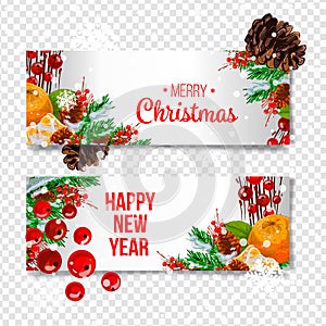 Vector holiday background with fir tree branches, ornaments and Merry Christmas letters. Hanging balls and ribbons. Chris