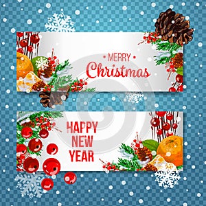 Vector holiday background with fir tree branches, ornaments and Merry Christmas letters. Hanging balls and ribbons. Isolated Chris