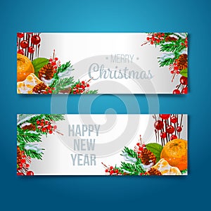 Vector holiday background with fir tree branches, ornaments and Merry Christmas letters. Hanging balls and ribbons. Isolated Chris