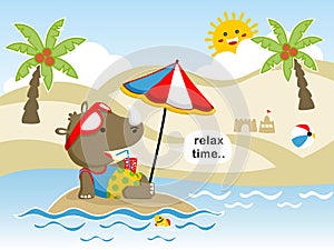 Vector of holiday in the beach with cute rhino cartoon