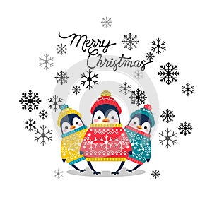 Vector holiday Christmas greeting card with cartoon penguins, snow flakes