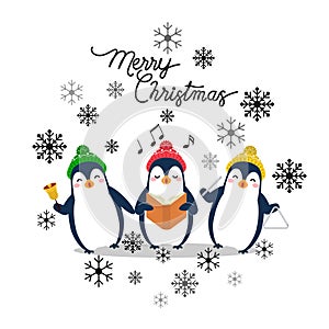 Vector holiday Christmas greeting card with cartoon penguins, snow flakes