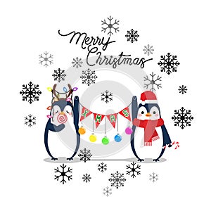 Vector holiday Christmas greeting card with cartoon penguins, snow flakes