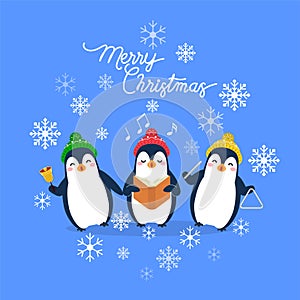 Vector holiday Christmas greeting card with cartoon penguins, snow flakes