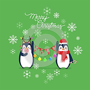 Vector holiday Christmas greeting card with cartoon penguins, snow flakes