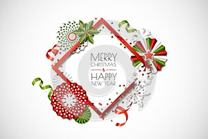 Vector holiday frame with paper stars and snowflakes in green, red colors. Merry Christmas, Happy New Year greeting card