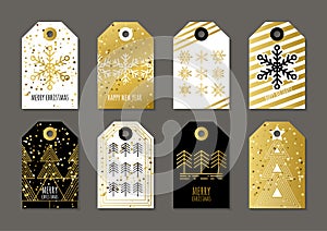 Vector holiday gift tags and outline label set with golden texture.