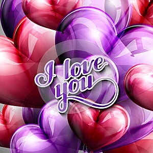 Vector holiday illustration of I love you handlettered retro label on the balloon hearts background
