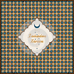 Vector holiday postcard with golden arabic pattern and a rombic frame with hand drawn words Ramadan Kareem and a moon