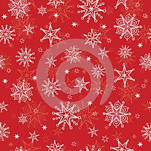 Vector holiday red hand drawn christmass snowflakes repeat seamless pattern background. Can be used for fabric