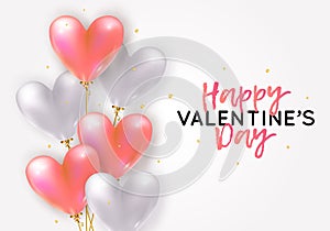 Vector holiday romantic illustration with realistic 3D flying bunch of air balloon hearts, confetti. Trendy Valentine`s Day