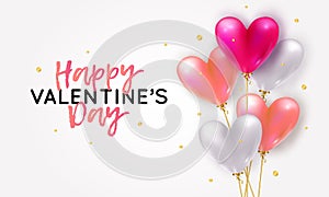 Vector holiday romantic illustration with realistic 3D flying bunch of air balloon hearts, confetti. Trendy Valentine`s Day