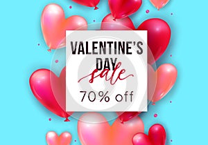 Vector holiday romantic sale illustration with realistic 3D flying bunch of air balloon hearts, confetti. Trendy Valentine`s Day
