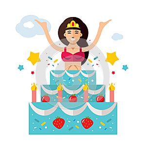 Vector Holiday surprise. Beautiful woman jumping out of the cake. Flat style colorful Cartoon illustration.