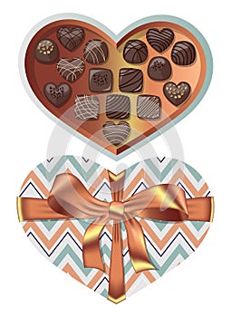 Vector holiday top view blue heart shaped gift open box with bronze ribbon and bow and milk chocolate candies