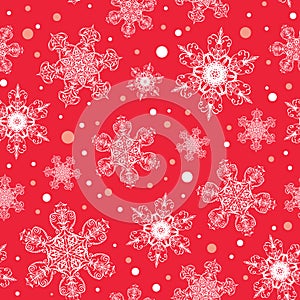 Vector holiday white red hand drawn christmass snowflakes repeat seamless pattern background. Can be used for fabric