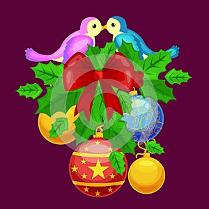 Vector holly berries wreath decoration design elements. Christmas page decorations and dividers with birds background