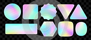 Vector holographic color stickers set. Metallic iridescent emblems template.