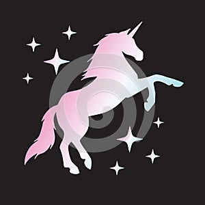 Vector holographic unicorn silhouette with stars