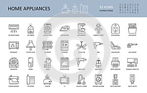 Vector home appliances icons. Collection of 32 editable stroke icons. Electronic equipment for cooking, cleaning, laundry, beauty