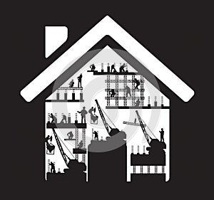 Vector home icon construction worker silhouette at