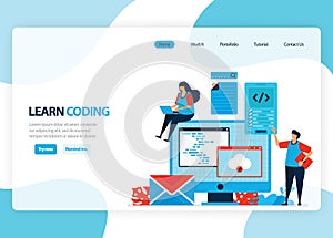 Vector homepage for learning programming and coding. Application development with a simple programming language. Flat illustration