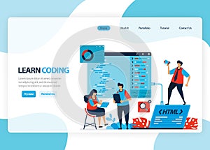 Vector homepage for learning programming and coding. Application development with a simple programming language. Flat illustration