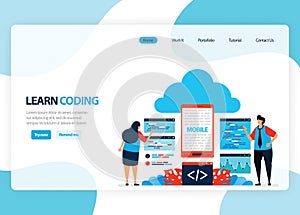 Vector homepage for learning programming and coding. Application development with a simple programming language. Flat illustration