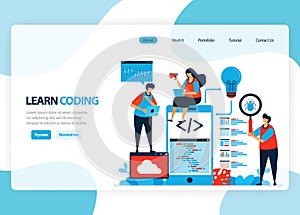 Vector homepage for learning programming and coding. Application development with a simple programming language. Flat illustration