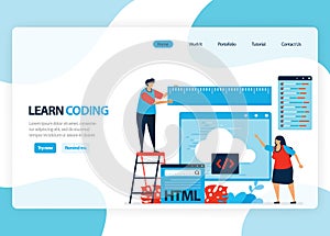 Vector homepage for learning programming and coding. Application development with a simple programming language. Flat illustration