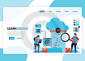 Vector homepage for learning programming and coding. Application development with a simple programming language. Flat illustration