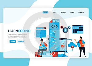 Vector homepage for learning programming and coding. Application development with a simple programming language. Flat illustration