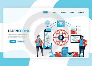 Vector homepage for learning programming and coding. Application development with a simple programming language. Flat illustration