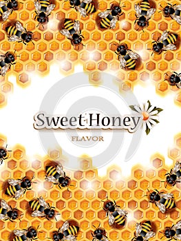 Vector Honey Background with Busy Bees Working on Honeycomb
