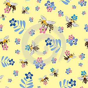 Vector honey bee and Forget-me-not flower seamless pattern background. Flying insect and floral blue, pink, yellow