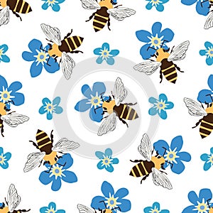 Vector honey bee and Forget-me-not flower seamless pattern background. Flying insect and floral blue white backdrop