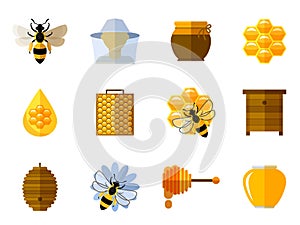 Vector honey and bee icons in flat set