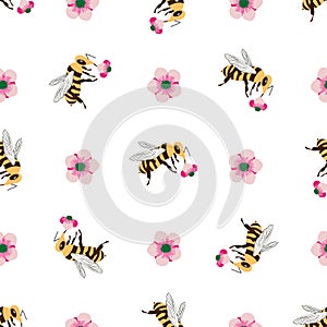 Vector honey bee and manuka flower seamless pattern background. Hand drawn striped insect and floral pink white backdrop