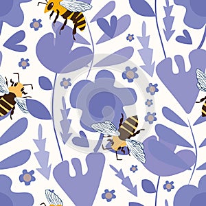 Vector honey bee and purple flower seamless pattern background. Hand drawn striped insect and floral botanical backdrop