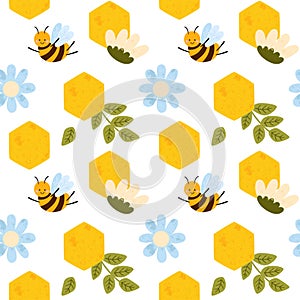 Vector honey bee seamless pattern. Bee floral yellow repeat background in cute childish style.